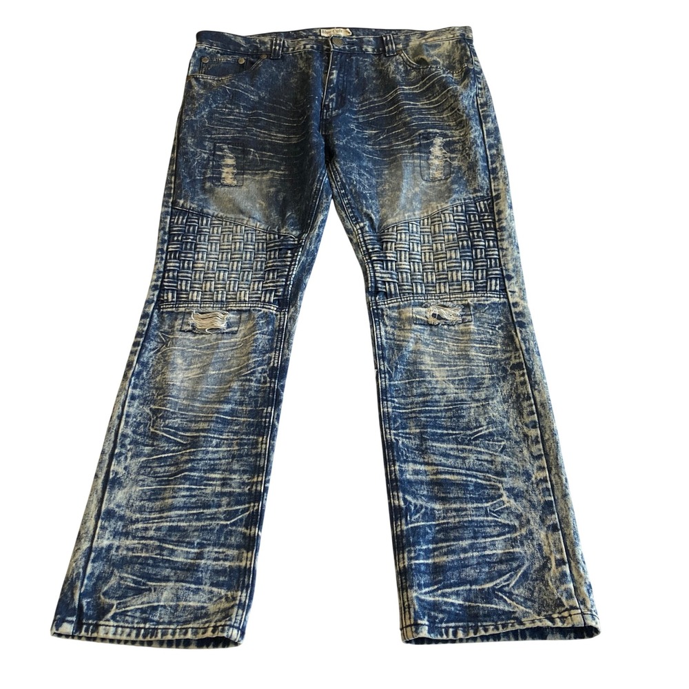 Blue Cult Denim Jeans Mens 38x32 Straight Leg Acid Wash Distressed Moto Biker